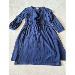 Chloé Women's Size 4 Ruffled Neck Pleated Breast Line Midi‎ Dress Blue